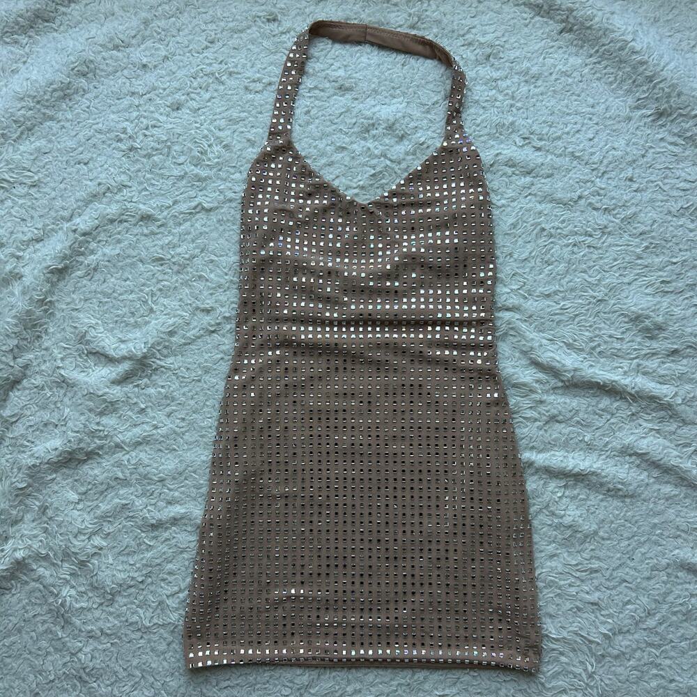 White Fox Nude Bodycon Sequin Halter Mini Dress Size Medium - Picture 5 of 10